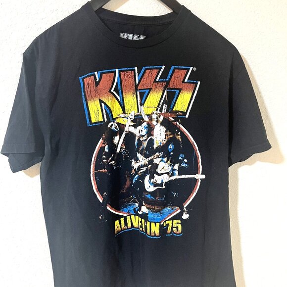 KISS ALIVE IN 75 Grunge Rock and Roll Band Concert Black Tee-Shirt Men's Large - Picture 1 of 3